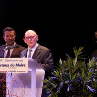 Cérémonie des Voeux du Maire 2025 - Yves REVEL, maire de Beynes, accompagné de Joséphine KOLLMANSBERGER, vice-présidente du Conseil Départemental et maire de Plaisir et Karl OLIVE, député de la 12ème circonscription des Yvelines. 